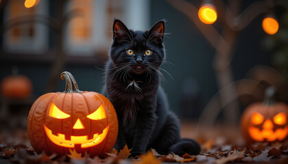 Naklejka premium Black cat sitting beside a glowing jack-o'-lantern, creating a festive Halloween atmosphere