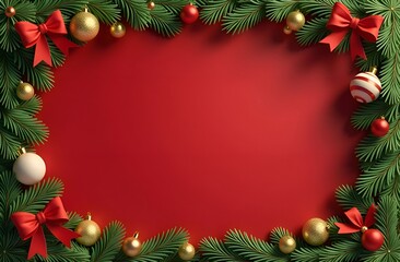 Christmas frame with fir branches, bows and balls on red background. Copy space.
