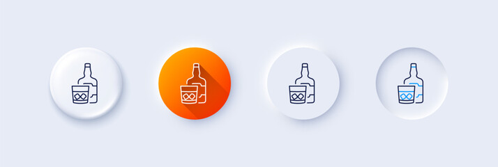 Whiskey glass with ice cubes line icon. Neumorphic, Orange gradient, 3d pin buttons. Scotch alcohol sign. Line icons. Neumorphic buttons with outline signs. Vector