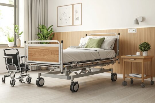 In a retirement home, there is an empty bed and a walker in the bedroom