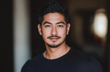 Obraz premium A young man with a trimmed beard poses confidently against a softly lit background, showcasing his calm demeanor and style