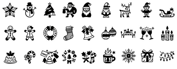 Collection of Christmas icons and symbols including decorations, characters, and festive items
