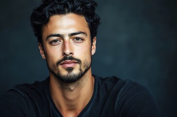 Obraz premium A young man with curly hair and a beard gazes confidently at the viewer in a relaxed indoor environment with a dark backdrop