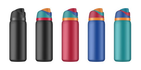 Set of drinking bottles. 3d mockup of a travel tumbler. Set of black, red, blue, orange and green water bottles. Thermos template. Bicycle sport container	