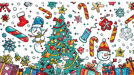 winter Collection of doodle illustrations featuring a Christmas tree with New Year's toys, a smiling snowman in a New Year's hat, gift boxes, a bottle of champagne, lollipops, fir branches, festive 