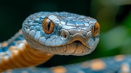 Fototapeta premium Close-up of a blue and orange snake's head with bright orange eyes, facing the camera.