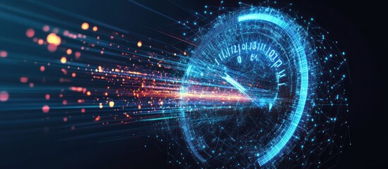 Obraz premium low poly 3d network cable and speedometer in dark blue. Super fast internet connection