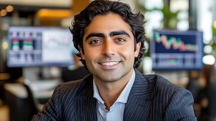 Fototapeta premium Professional man smiling in a financial setting.