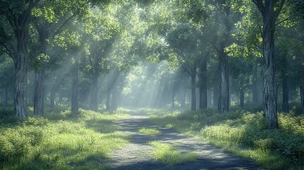 Naklejka premium Serene forest path illuminated by soft sunlight.