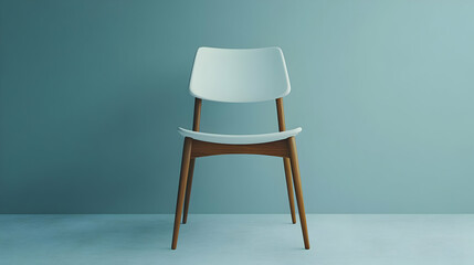 White Chair with Wooden Legs on Light Blue Background - 3D Illustration