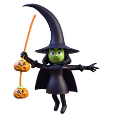 3D Halloween Witch with Pumpkins: A whimsical 3D rendering of a cartoon witch with a mischievous grin, soaring through the air while holding a string of glowing jack-o'-lanterns.