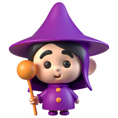 Cute Witch with Candy Cane: Adorable 3D rendering of a little witch with a sweet smile and a candy cane wand, perfect for Halloween, children's stories, and whimsical designs.  