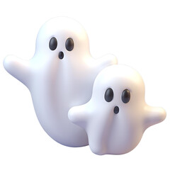 Ghostly Duo: A playful 3D rendering of two adorable ghosts, one large and one small, adding a touch of whimsy to your Halloween designs. Perfect for spooky season, decorations.