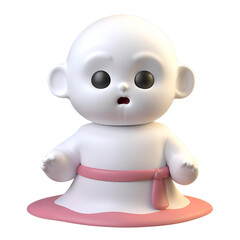 Melting Innocence: A 3D rendered baby doll, rendered in a soft white with a pink sash, appears to be melting away, evoking a sense of both innocence and vulnerability.  