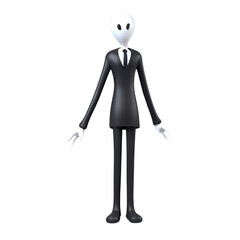Sleek and Mysterious: A minimalist 3D character in a black suit with a tie, exuding an air of mystery and intrigue.  His simple design and lack of facial features leave room for interpretation.