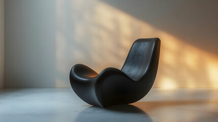 Black Leather Rocking Chair in Room with White Wall and Marble Floor 3D Illustration