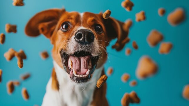 A cheerful dog with a wide smile sits surrounded by flying treats, clearly enjoying playtime in a lively, colorful environment filled with joy and enthusiasm