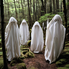 Whispers in the Woods: Ethereal Figures in White Robes. Mysterious and haunting image of four figures shrouded in white, standing in a moss-covered forest. Perfect for Halloween, fantasy, mystery.