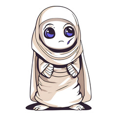 Sad Chibi Character: A cute, cartoon-style character with large, expressive eyes, a delicate face, and a slightly sad expression. The character is dressed in a long, flowing robe and has a small.