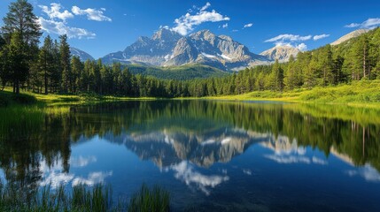 A serene mountain lake with crystal clear water reflecting the majestic peak and fluffy clouds in a picturesque panorama.