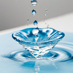 Crystal-clear droplet falls, creating concentric ripples on a serene blue surface
