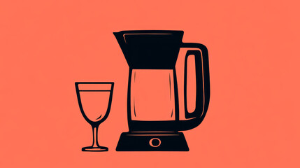 A simple illustration of a coffee pot and a glass on a coral background.