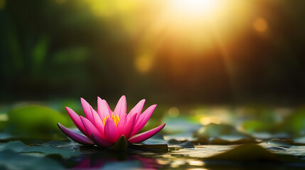 A vibrant pink lotus flower in a serene pond at sunrise.