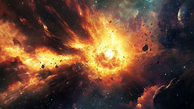 Fiery Cosmic Explosion with Glowing Nebula and Space Debris