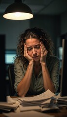 Weary office worker rubbing tired eyes surrounded by cluttered workspace and fluorescent lights
