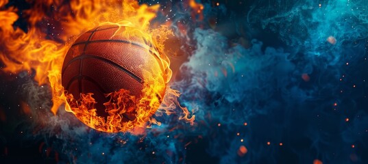 Fototapeta premium Basketball on fire on dark blue backdrop, depicting intense sports energy