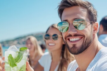 Young friends at the beach bar having a party.