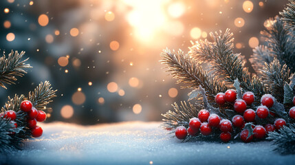 Red berries on a branch in winter close-up