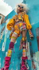 Vibrant Fashion Model in Colorful Plaid Outfit Against Graffiti Wall