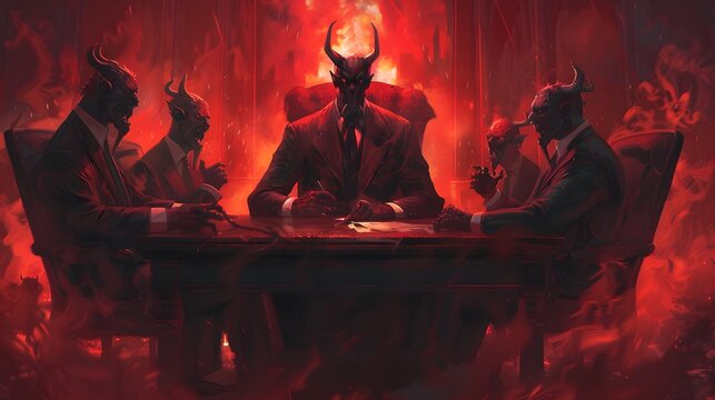 A demon in a business suit sits in a boardroom in hell