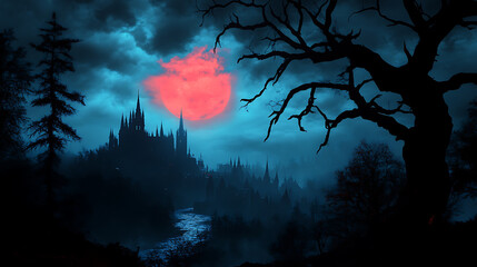 Fototapeta premium Gothic landscape with a full moon, dark trees, and mysterious castle silhouette.