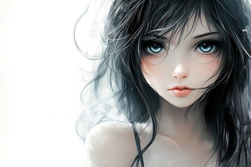 Fototapeta premium Anime girl portrait with big eyes and long black hair, digital art illustration
