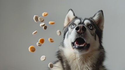 Obraz premium This husky dog shows pure joy as it eagerly catches falling treats mid-air, its happy expression brightening a cozy indoor setting