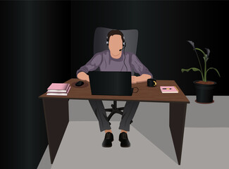 Call center in vector, office, the man working, there are notebook , books, cup, pen, computer with mouse in tne table, flower in a pot, black office, headphones , speeking with customer