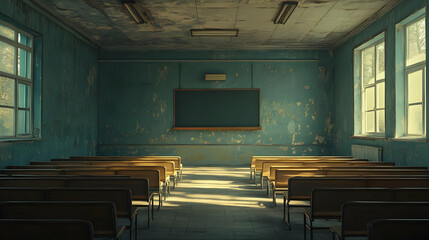 Empty Classroom With Chalkboard And Wooden Benches - 3D Illustration