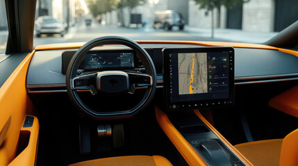 Modern Electric Car Interior with High-Tech Dashboard and Orange Accents
