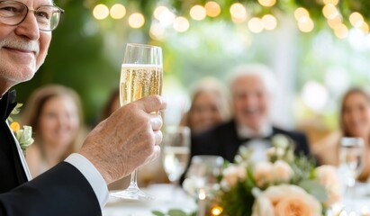 An evening at the restaurant party with friends, the executive team and happy of their success. A toast in the new year and champagne at the gala with congratulations and thank yous.