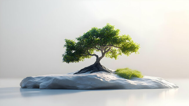3D Illustration of a Bonsai Tree on a Rock Island