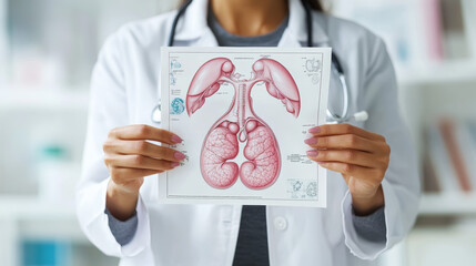 A woman doctor who specializes in women's health holds a diagram of the female reproductive organs.