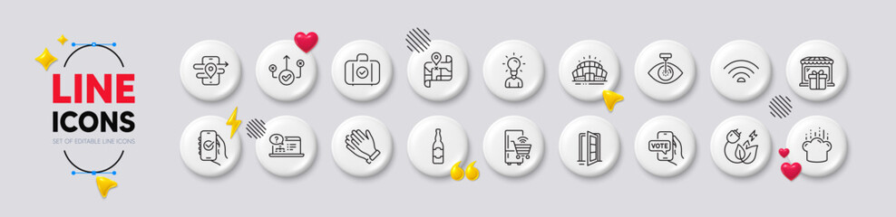 Education, Refrigerator and Approved app line icons. White buttons 3d icons. Pack of Clapping hands, Map, Wifi icon. Eye laser, Carry-on baggage, Correct way pictogram. Vector