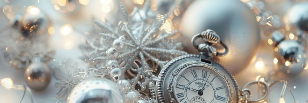Indulge in the festive spirit with a sophisticated vintage silver pocket watch, featuring intricate snowflake and bauble designs for a touch of timeless elegance and glamour during the holiday season