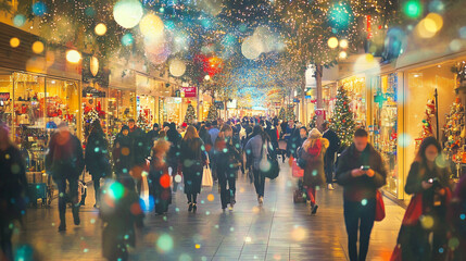 Christmas shopping street. Bustling holiday shopping scene in a decorated street, with festive lights illuminating crowds of people as they browse store displays. Image made using Generative AI