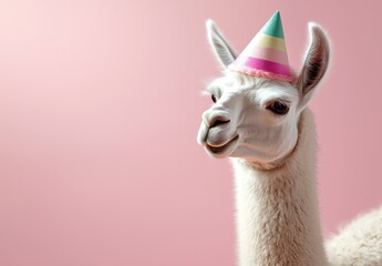 Obraz premium The alpaca in the party cone hat necklace bow tie outfit stands out on a solid pastel background. Invitation to a birthday party with some copy space.