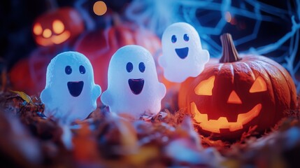 Obraz premium Fun ghost decorations with happy faces in a Halloween background, captured up close..