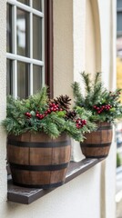 Fototapeta premium Four beautifully arranged Christmas planters featuring wooden barrels filled with pine trees, pine cones, and red berries create a festive outdoor display during winter