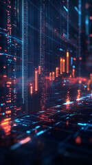 Fototapeta premium A banner design featuring a futuristic financial interface with glowing data lines and a dark, metallic background, representing a high-tech approach to finance, and copy space